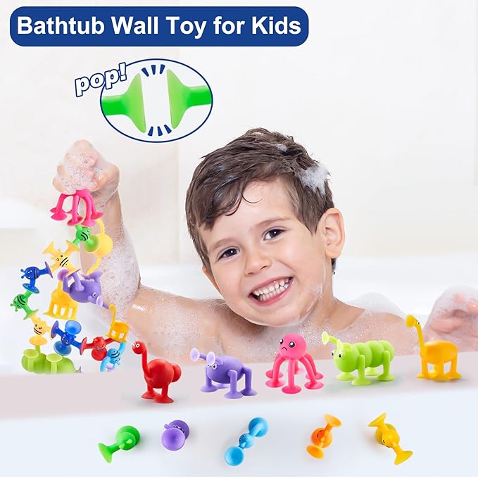 Suction Cup Bath Toys for Kid 40 PCS Silicone Animal Bathtub Toys for Kids Ages 4-8 Sensory Window Building Travel Toy Toddlers Age 3-5 with Eggshell Storage Summer Gift for 3 4 5 6 Year Olds Boy Girl
