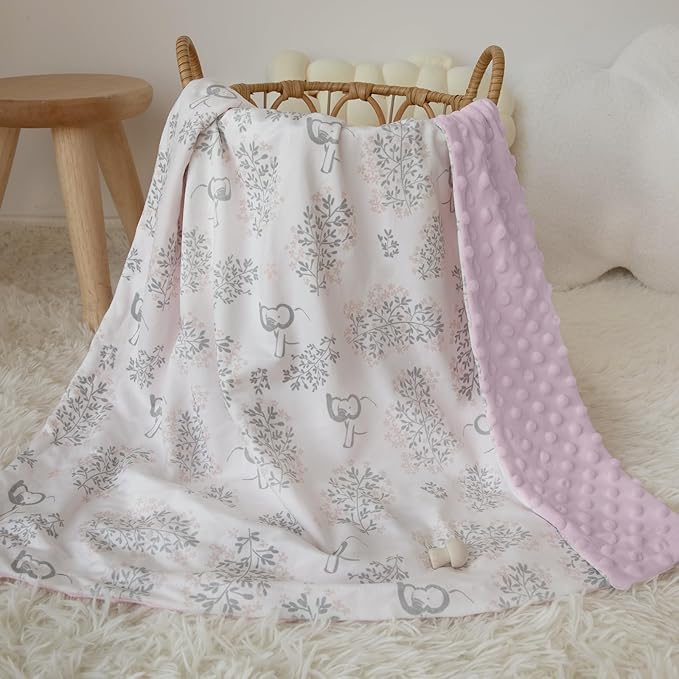 Baby Blankets for Girls Soft Plush Nursery Minky Blanket Neutral with Print Pink Forest Elephant and Cozy Raised Dotted Fleece Backing, 30 x 40 Inch Double Layer Bed Throws