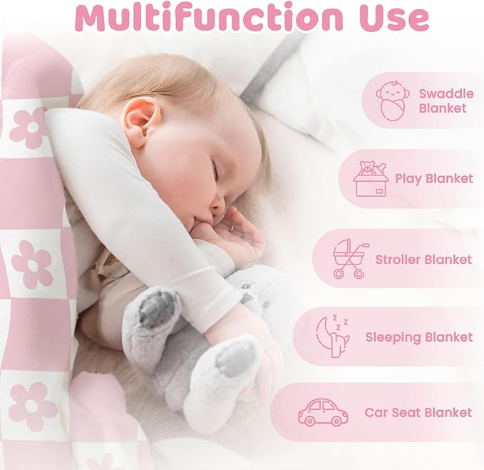 Daisy Minky Baby Blanket 30 x 40 Inches for Girls, Soft Plush Receiving Blanket with Dotted Back, Gift for Toddler Newborn Infant Christmas Birthday Baby Shower