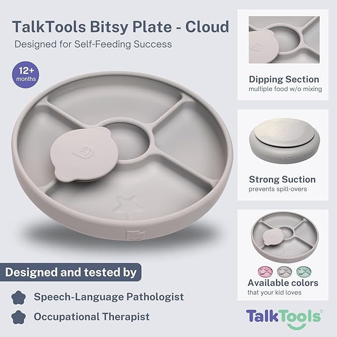 TalkTools Bitsy Silicone Baby Suction Plate with Lid – Divided Toddler Plate for Self-Feeding, Non-Slip, BPA-Free, Dishwasher & Microwave Safe Kids Mealtime Plate.