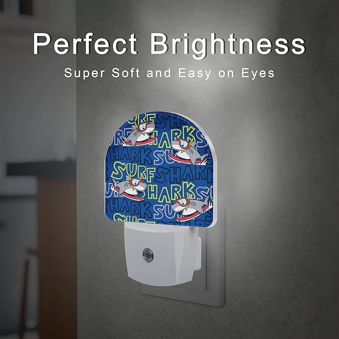 Cartoon Surfing Sharks Night Light, Cool Cute Shark Dusk to Dawn Night Light Plug in,0.5w Energy Saving Sleep Friendly Nightlights for Kids Boys Girls Home Decor