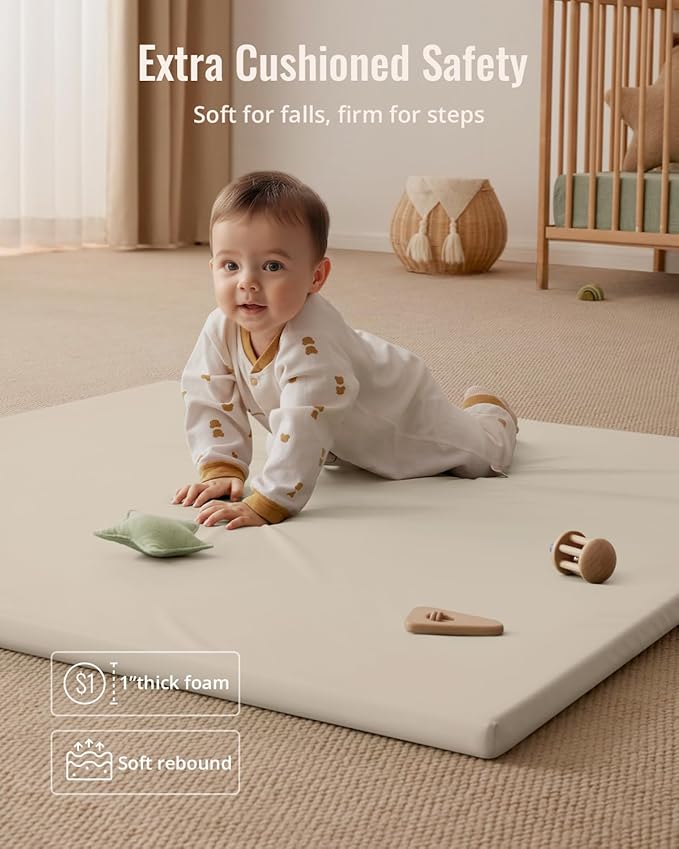 Blissful Diary Vegan Leather Baby Play Mat, 47x47 Thick Foam Cushioned & Waterproof Playpen Mat for Infants and Toddlers, Stylish and Just Wipe-Clean Playmat for Baby Play on Floor, Beige