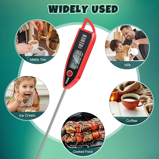 12 Set Waterproof Food Thermometer for Water, Liquid, Candle and Cooking Digital Meat Thermometer with Long Probe Instant Read for Kitchen BBQ Grill Candy (Red)