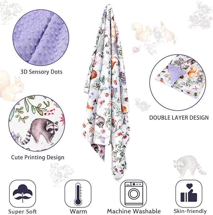 Baby Blanket, Purple Fleece Baby Blankets for Boys Girls, Warm Soft Portable Toddler Minky Blanket with Woodland Animal Print, for Newborn Crib, Stroller, 40 x 30 Inch