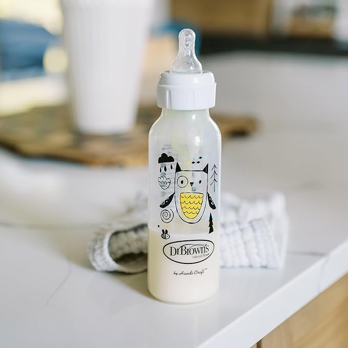 Dr. Brown's Natural Flow Anti-Colic Options+ Narrow Baby Bottle, Bear & Owl, 8 oz/250 mL, with Level 1 Slow Flow Nipple, BPA Free, 0m+, 2-Pack