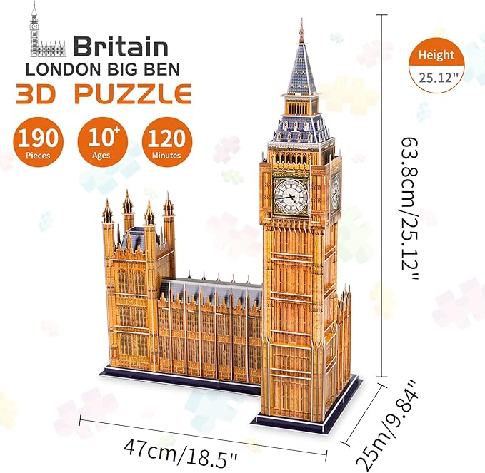 3D Puzzles for Adults & Kids, London Big Ben City Architecture Building Model Kit, 3-D Puzzle DIY Craft Kits STEM Educational Family Assembly Toys Gifts for Boys Girls 10-12-14 Home Decor, 190 Pieces