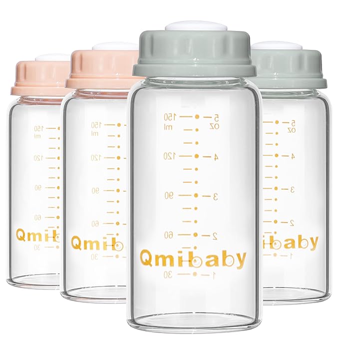Natural Glass Baby Bottle 150ml 5oz Standard Neck Breast Milk Storage Bottles Compatible with Medela Breast Pumps for Breastmilk Storage Bottle Breastfeeding BPA-Free 4 Pack (Grey+Pink Lids)