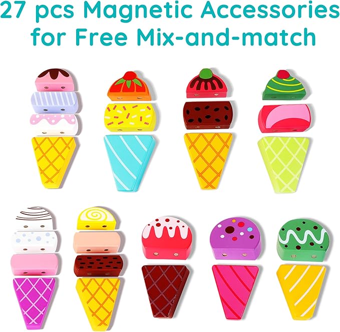 Wooden Ice Cream Truck, 28 pcs Magnetic Ice Cream Sweet Treats Pretend Play Food & Accessories, Montessori Sorting & Stacking Toys for Toddler Girls & Boys Age 2-5