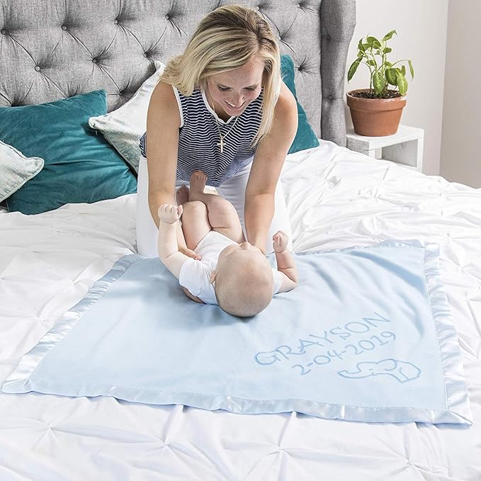 Custom Catch Personalized Elephant Baby Blanket for Girl - Newborn or Infant Name Gift - Pink or Blue (2 Lines of Text)