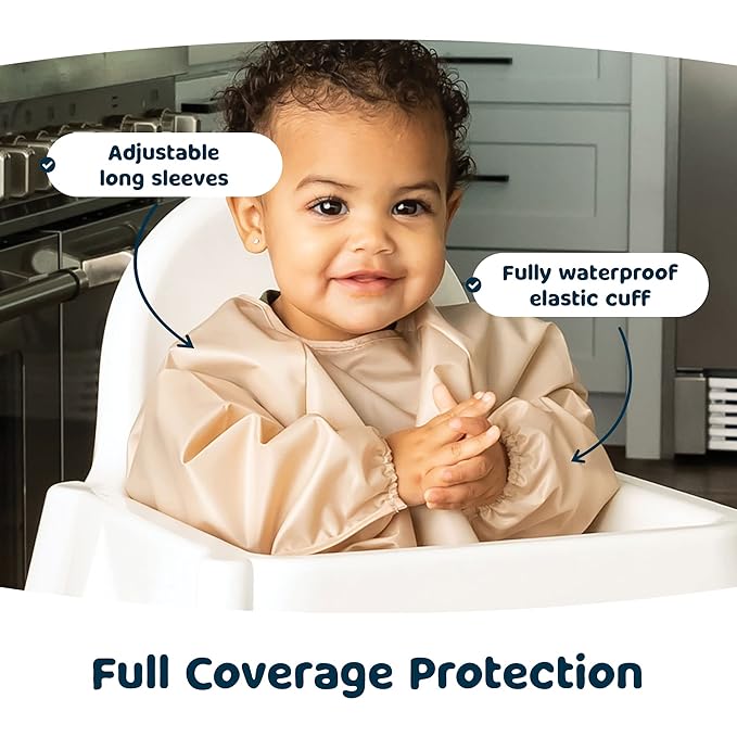 Tiny Twinkle Long Sleeve Bib for Babies & Toddlers – 2 Pack Waterproof Smock Bibs for Eating – Machine Washable & Mess-Proof, Baby Feeding Essential & Shower Must-Have (Sand Cinnamon,6–24M)