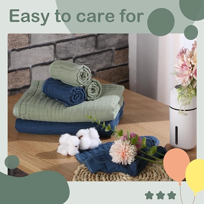 VitalCozy 6 Pcs Baby Muslin Hooded Bath Towels and Washcloths, 32 x 32 Inch Cotton Absorbent Blankets for Newborn Infant Shower Gift (Green, Blue)