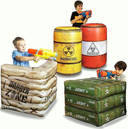 Package 4 Combat Battlefield Inflatables, Compatible with Nerf, Laser tag, Water Gun for Boys Birthday Party Activities and Decoration. Premiume Pack Include Water chember and Repair kit.
