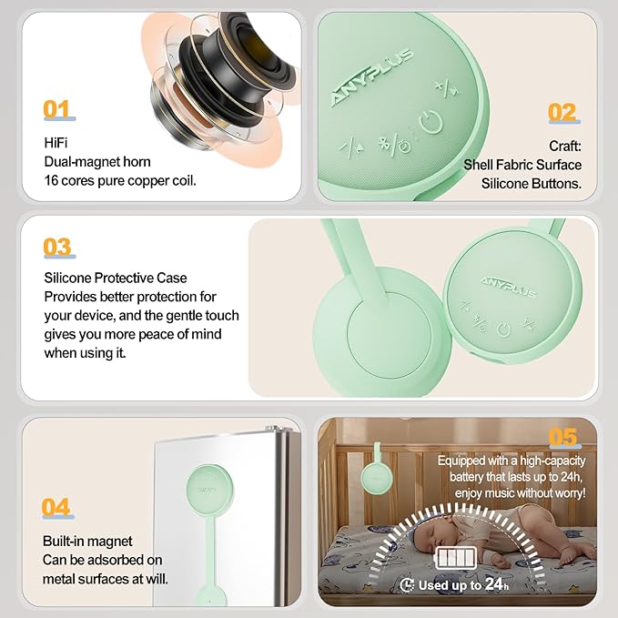 White Noise Sound Machine, Portable Sound Machine for Sleeping Adults & Baby, with Bluetooth 5.1/24 Soothing Sounds/Battery Powered/3 Timer Memory Function for Office/Bedroom/Travel（Green）