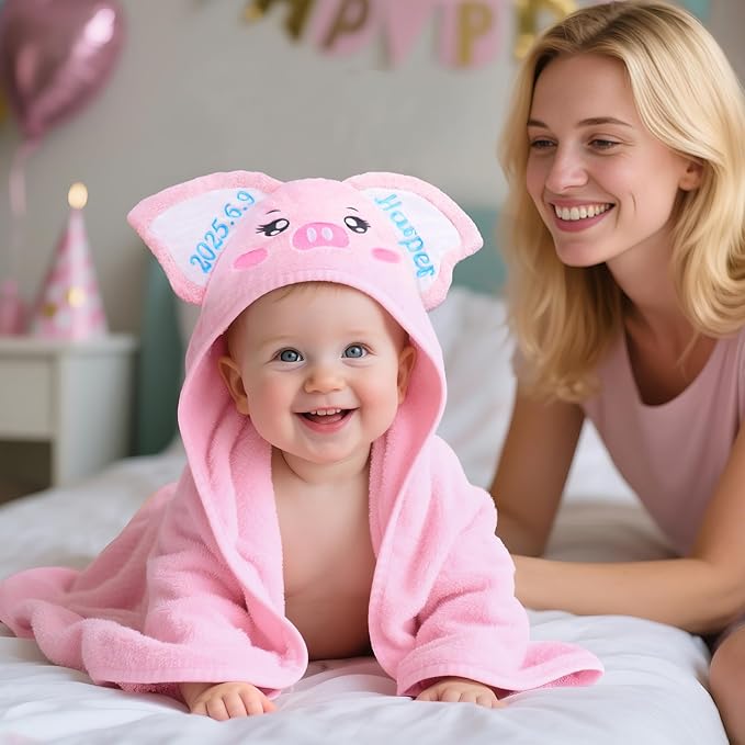 Custom Hooded Bath Towel with Name, Personalized Highly Absorbent Bunny Towels, Baby Bath Towels for Girls Boys, Brithday for Baby, Toddler, Newborn (Piglet-Pink)