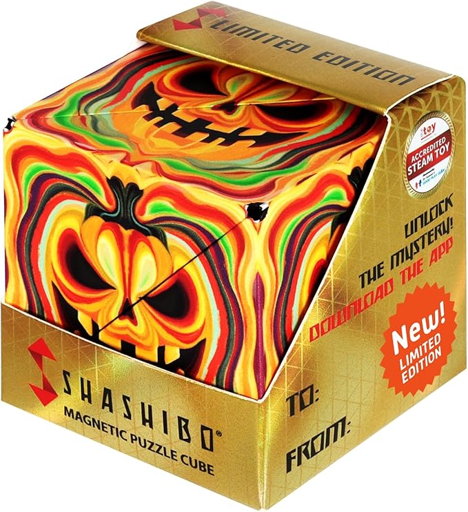 Shashibo Seasonal Halloween - Shape Shifting Box - Award-Winning, Patented Magnetic Puzzle Cube w/ 36 Rare Earth Magnets - Fidget Transforms Into Over 70 Shapes (Ghastly Jack) - Limited Edition