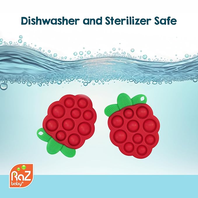 RaZbaby RaZberry Pop Strawberry Teether – Multi-Textured Silicone for Sensory Development & Teething Relief – Easy to Hold for Small Hands – Soft BPA-Free Design for Babies 3 Months+, Red/Green