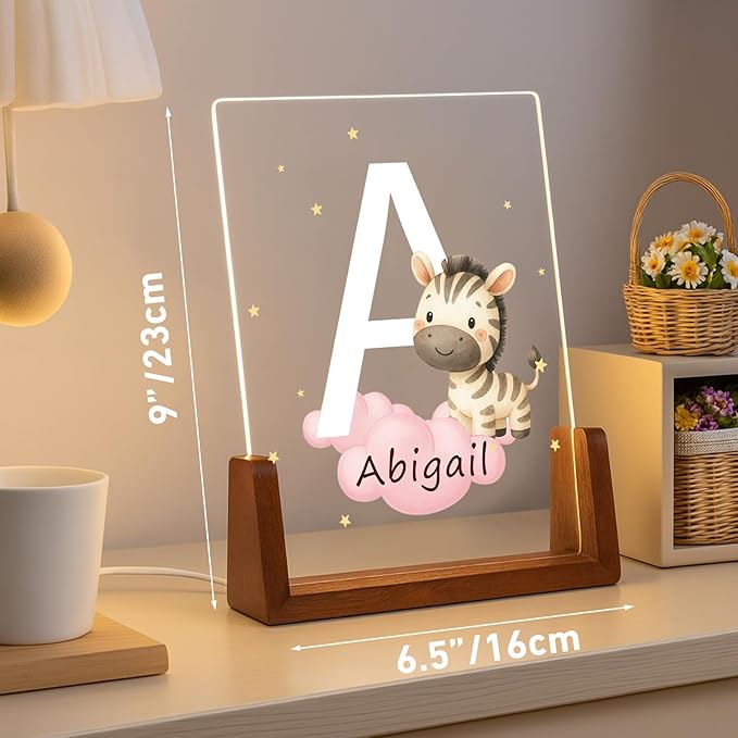 Custom Baby Gift Night Light for Baby Boys Girls Nursery Decor, Personalized Initial Name LED Night Light with Wooden Base, LED Color-Changing Lamp for Toddlers Kids 3