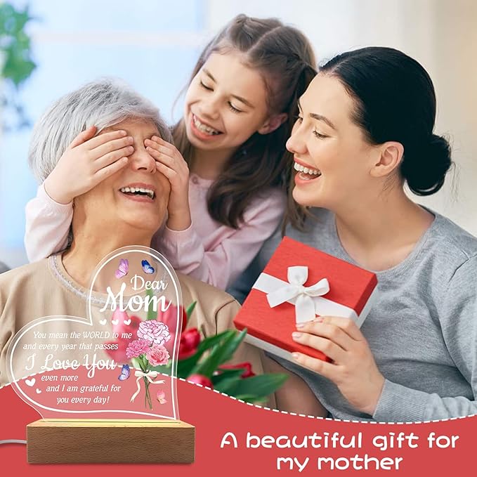 Carnation Heart Shape 3D Crystal Acrylic Light Base with Wood Stand, LED Light for Kids Room Decor, Gift for Mom on Birthday or Holiday, Home Décor Art Display