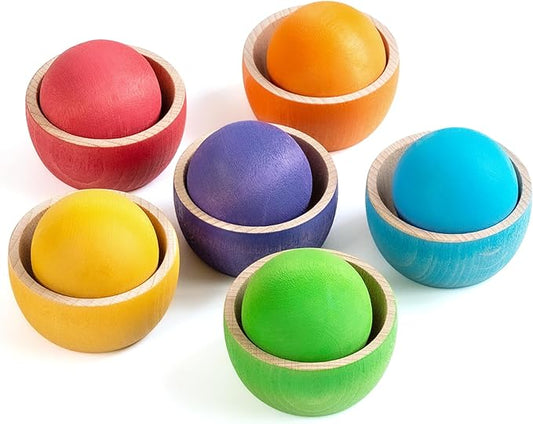 Ball in Cup Toddler Montessori Color Sorting Toy Wooden Ball Toy Learning Color and Matching for Kids with 6 Toddler Safe Balls and Cups