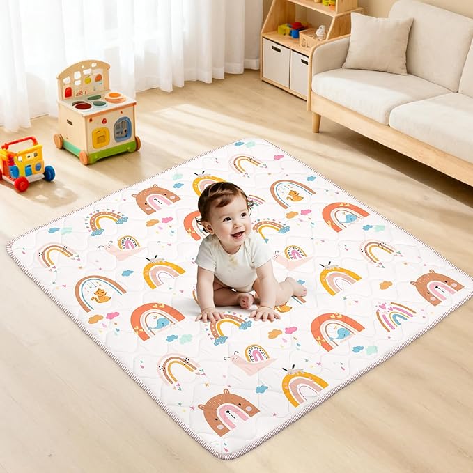 Baby Play Mat for Floor,Soft 50x50 Playpen Mat,Thick Foam Cushioned Playmat for Tummy Time,Safe Non-Slip Backing for Crawling for Kids Toddlers Infants,Boho Rainbow