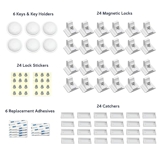 Magnetic Safety Lock Kit 24 Locks + 6 Keys, 3M Adhesive Easy Installation, Baby Proofing Magnetic Locks for Cabinets and Drawers