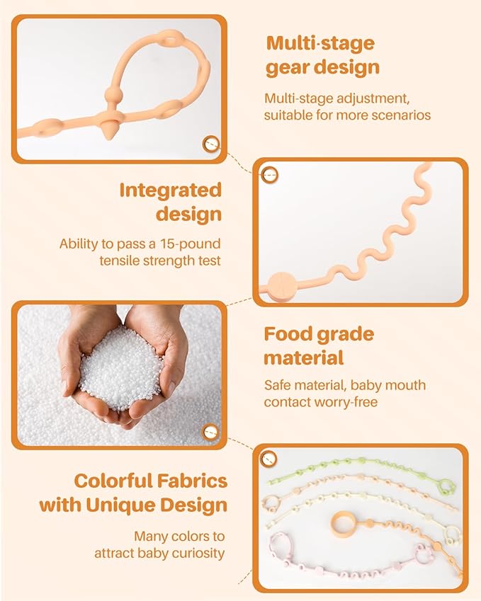 Toy Straps for Baby, Adjustable Toy Holder for Stroller Accessories, Silicone Tether Pacifier Clip, No Throw Travel Essential Leash for High Chair, Car Seat (4 Pack Macaron)