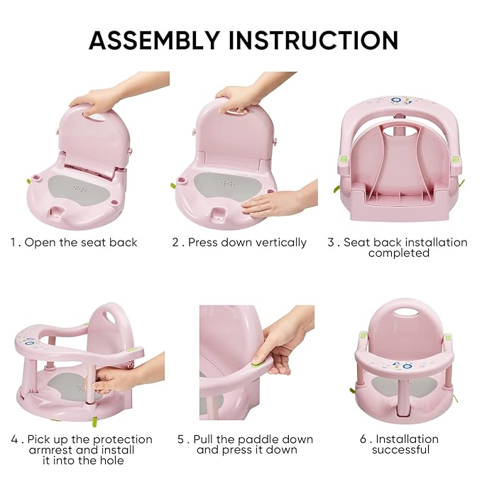 Foldable Baby Bathtub Seat, Non-Slip Infants Bath Chair for Tub, Cute Shape Baby Shower Seat for Sitting Up, Surround Bathroom Seat for Newborn to 18 Months (Pure Pink)