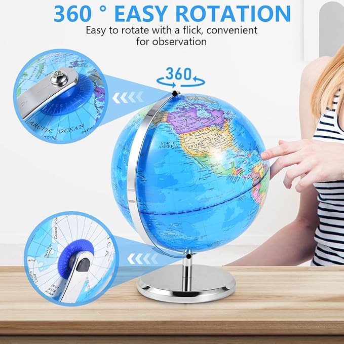 10 Inch World Globe Rotating Earth Spinning Globe with Heavy Metal Stand for Kids Geography Classroom Education or Office Home Decorations