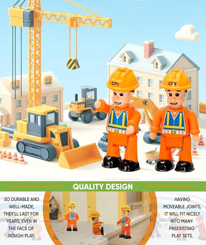 FUNERICA Construction Workers Toy Figurines - Miniature People Figures - 4-Pack