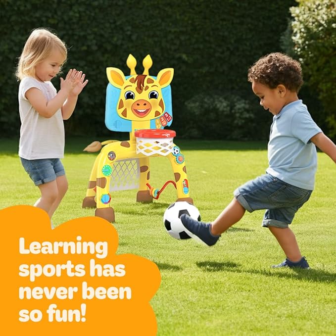 Move2Play, Giraffe Basketball Hoop & Soccer Goal Activity Center | 30+ Sounds & Songs + 5 Lights | 1 2 3 Year Old Birthday Gift for Boys and Girls | Toy for Baby & Toddlers (Yellow)