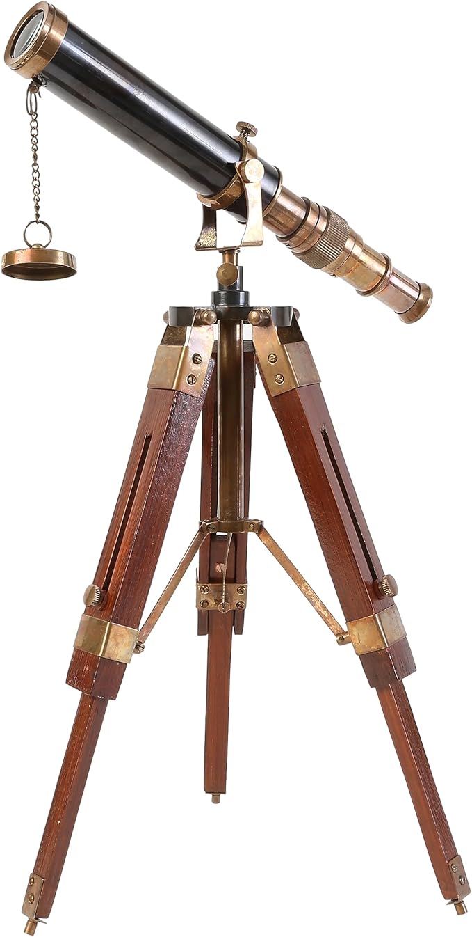 Table Décor 9 inch Telescope Vintage Marine Gift Functional Instrument Collectables Gift Item (Brass Antique + Wood)