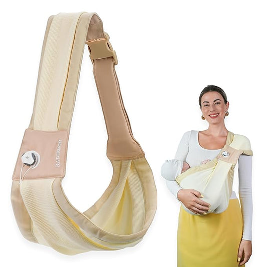 Baby Sling Carrier 8-30 lbs, Newborn Nursing, Toddler Carrier with Safety Buckle, Knob Tech Baby Closer, Adjustable Shoulder Strap, Portable and Lightweight (Beige)