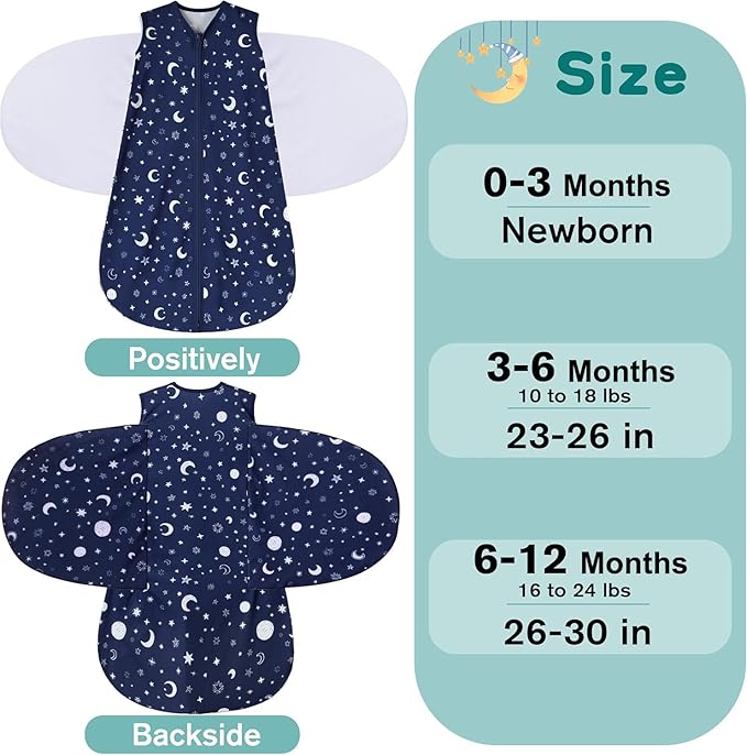 Newborn Sleep Sack Baby Swaddle,Swaddle me 3-6 Month,3-Way Adjustable Wearable Blanket,100% Rayon Cotton Swaddling Sleeping Bag，TOG 0.5 (Starry Sky, 3-6 Months)