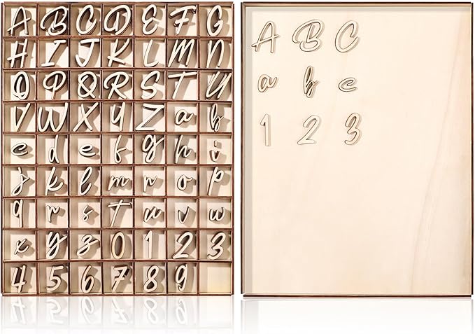 Geelin 248 Pcs 1 Inch Wood Alphabet Letters Numbers with Storage Box Blank Unfinished Wooden Letters Numbers with Rustic Storage Tray for Spelling Learning Education DIY Crafts(Rollerscript)