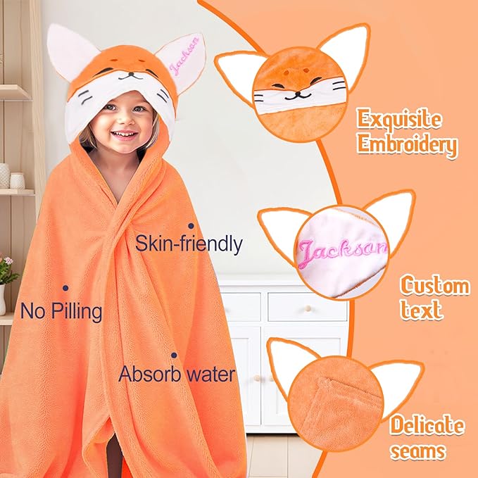 Custom Hooded Bath Towel with Name, Personalized Highly Absorbent Bunny Towels, Baby Bath Towels for Girls Boys, Brithday for Baby, Toddler, Newborn (Orange-Fox)