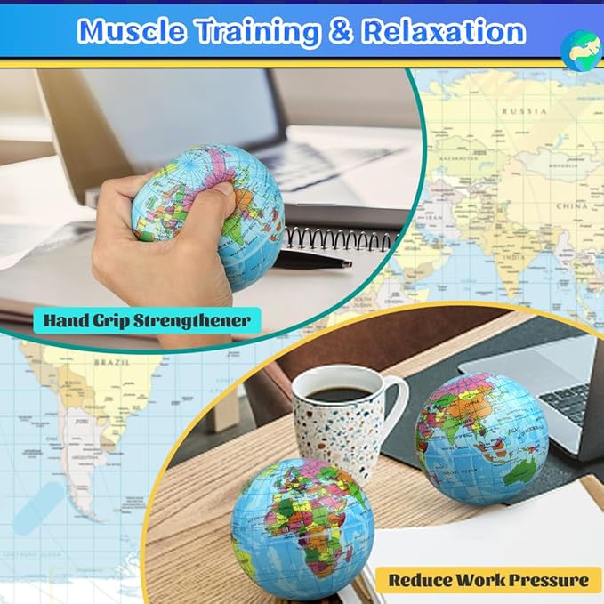 Mini 3.7" Foam Earth Ball Soft Squishy Toys , Globe World Map Planet Balls for Kids Toddler, Educational Geography, Sensory Fidget Desk Toy for Solar Systerm,Learning, Classroom Prize Gift (3PCS )