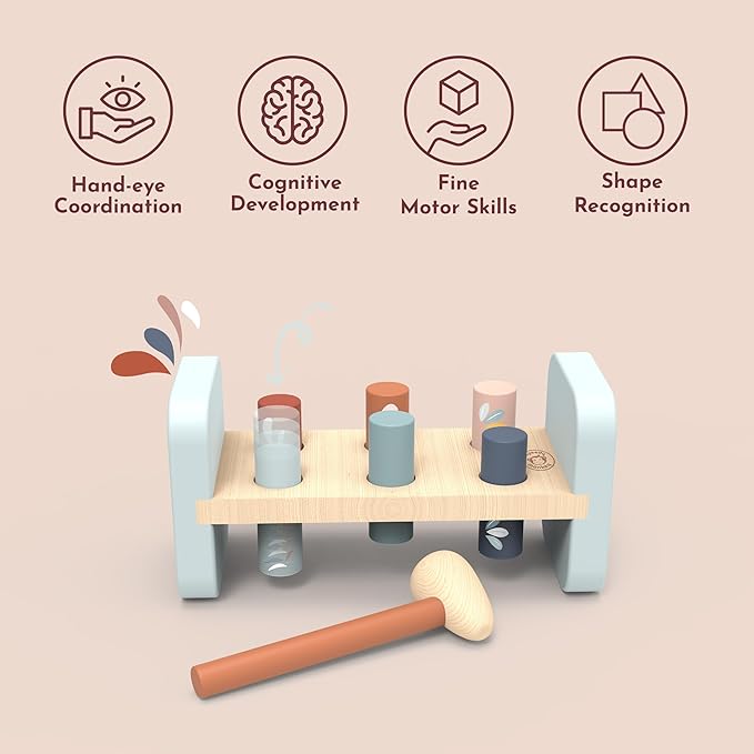 Speedy Monkey Tap Tap Hammer Bench – Colorful Wooden Toy for Kids 1-3 Year Up, Develops Hand-Eye Coordination, Hammer Pegs Through Holes, Reversible Fun, Non-Toxic Paint , Engaging Educational Toy