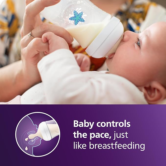 Philips Avent Natural Baby Bottles with Natural Response Nipples (Medium Flow, Flow 3), with Seahorse and Starfish Design, 9oz, 4-Pack, SCY903/68