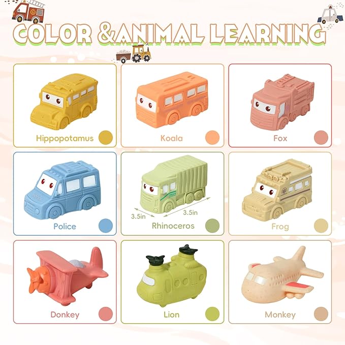 Mold Free Baby Bath Toys, 9 PCS No Hole Vehicle Bath Toys, Soft & Safe Toddler Bath Toy Set, Bathtub Water Beach Pool Toys for Babies 6-12 Months, Baby Gift for Christmas, Birthday, Stocking Stuffers