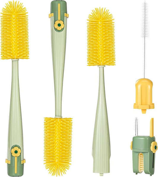 Orzbow 2 Pack Baby Bottle Brush, 5 in 1 Travel Baby Bottle Brush Set, Including Silicone Bottle Cleaner Brush, U-Shaped Rim Brush, Straw Brush, Crevice Brush & Seal Removal Rod, Green