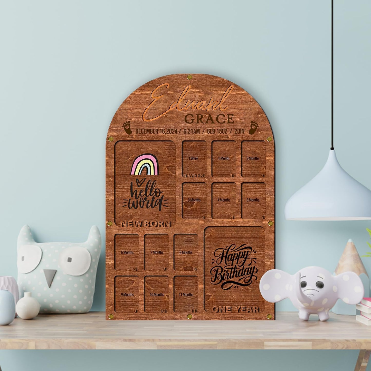 Personalized My First Year Photo Frame | 12 Months Picture Frame For Baby First Year | Displays Two 4x6 Photo and Twelve 2x3 Pictures | Birthday Party Decor Newborn Memory Keepsake, Rainbow