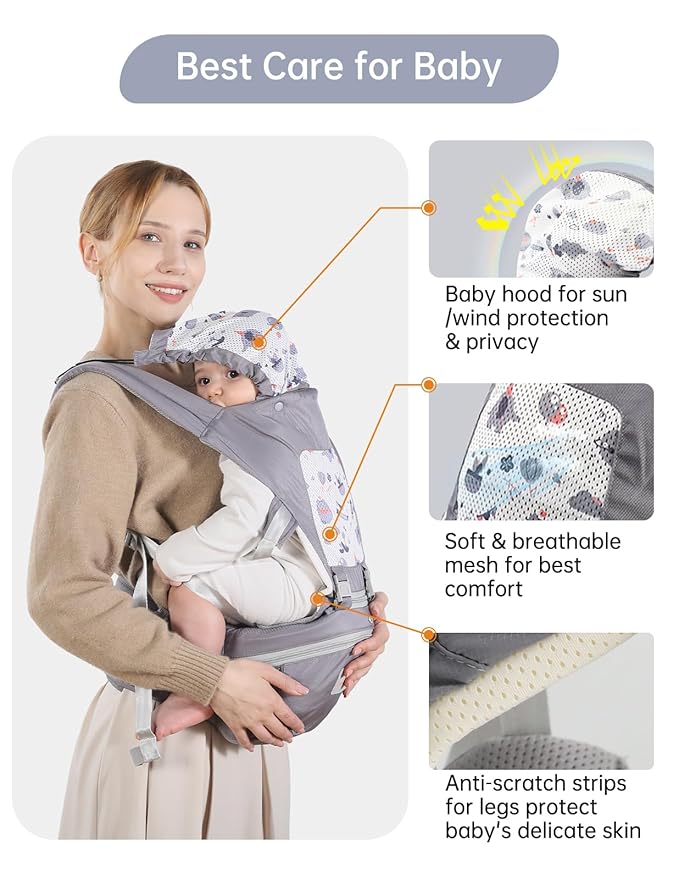 Baby Carrier with Hip Seat, 6 in 1 Baby Carrier Newborn to Toddler, Adjustable Infant Carrier with Hood, All Seasons & All Position Baby Holder Carrier for 0-36 Months