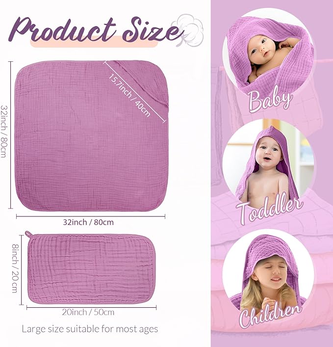 VitalCozy 12 Pcs Baby Muslin Hooded Bath Towels and Washcloths, 32 x 32 Inch Muslin Cotton Hooded Baby Towels Absorbent Hooded Blankets for Gift Newborn Infant Shower (Purple Series)
