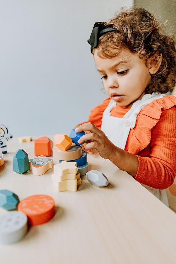 Toddler 30 Piece Stacking Wood Blocks Space Gift - Montessori 2 Year Old Fine Motor Skills Toy Learning Stacking Shape Sorter Sensory Preschool Busy Journey to the Moon (Block Set, Wood)