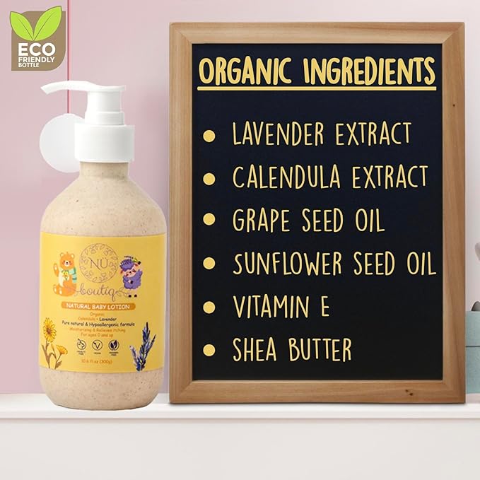 Organic Vegan Baby Lotion – Calendula & Lavender for Gentle Moisturizing Sleep-Time Moisture, Newborns & All Skin Types Eco-Friendly Biodegradable Bottle - 10.6 Fl Oz