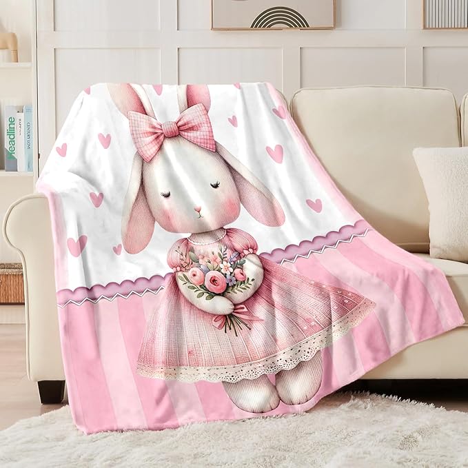 Personalized Baby Blanket for Girls, Custom Baby Blanket with Name, Soft Cozy Personalized Name Blankets for Kids, Customized Rabbit Blankets for Infant Toddler Birthday Christmas