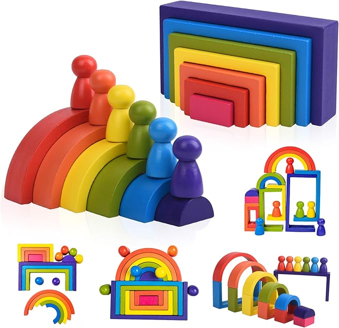 Wooden Toys, Montessori Toys for Kids 3 4 5 6+Years Old Boys Girls Rainbow Stacking Blocks Set Preschool Activites Educational Toy Gifts for Toddler-19PCS