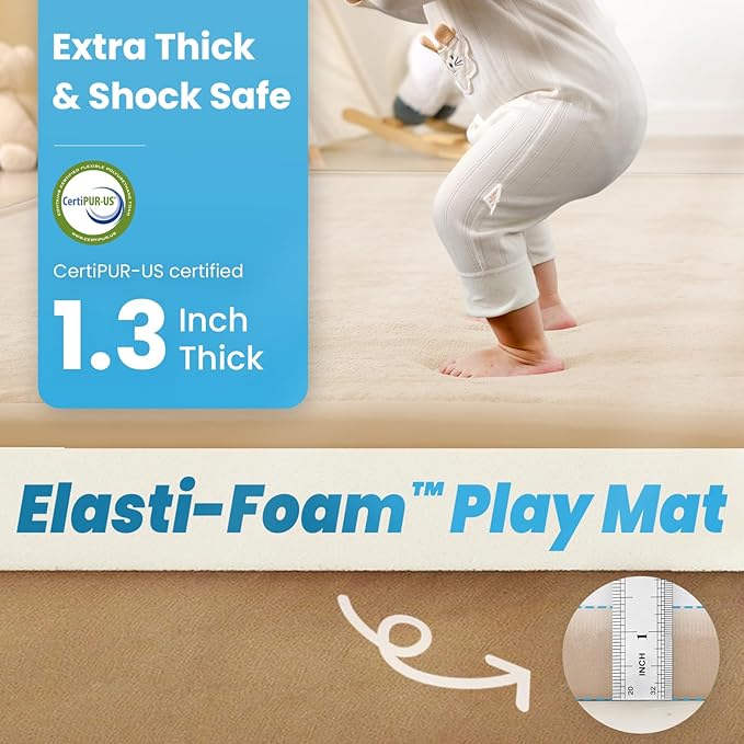 1.3" Thick Baby Play Mat for Floor Playpen, 71x59 Large Foam Tummy Time Mat, Padded Support Soft Plush Nursery Rug for Infant Kids Toddler Crawling Kick Activity (Beige)