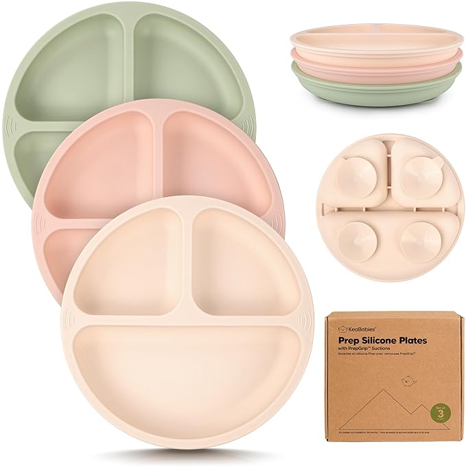 KeaBabies Suction Plates for Baby, Toddler - 3-Pack 100% Silicone Toddler Plates with Suction, Divided, BPA-Free Baby Led Weaning Essentials for Kids, Dishwasher, Microwave Safe, Durable (Macaron)