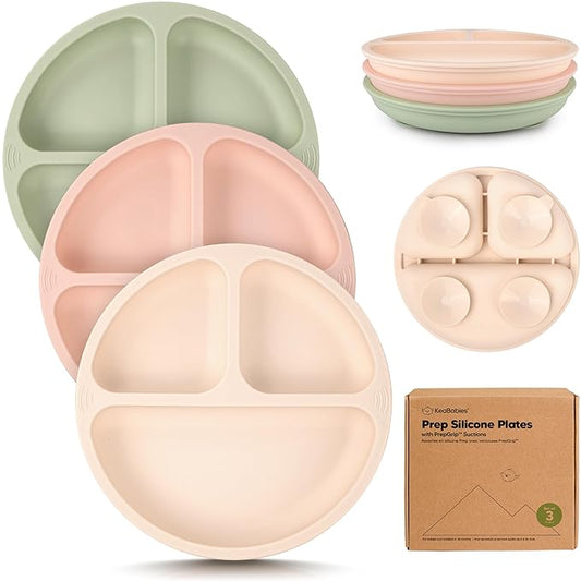 KeaBabies Suction Plates for Baby, Toddler - 3-Pack 100% Silicone Toddler Plates with Suction, Divided, BPA-Free Baby Led Weaning Essentials for Kids, Dishwasher, Microwave Safe, Durable (Macaron)